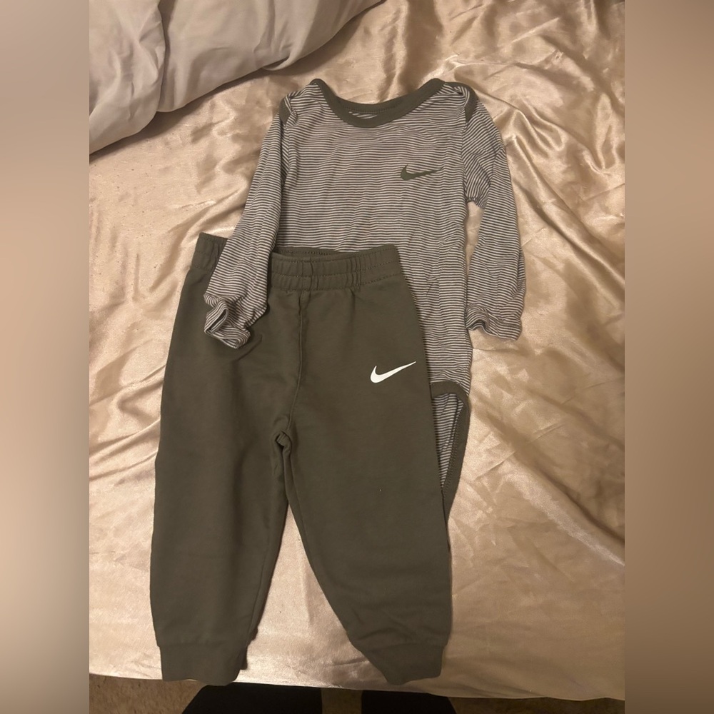 Nike Kids Olive Green Jogger Set with White Swoosh